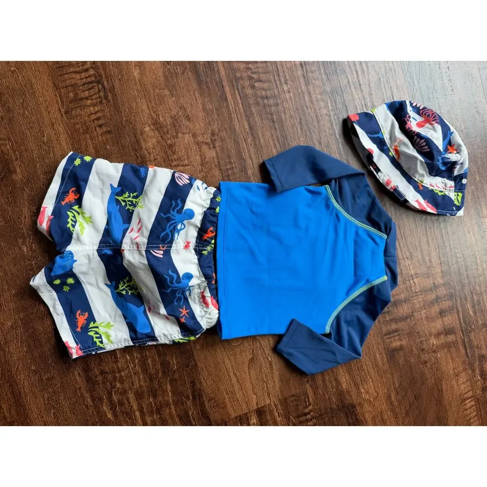 Baby Boden jellyfish rashguard swim trunk hat set NEW 3-6m